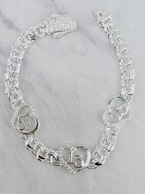 925 Sterling Silver Sweet 15 Bracelet Quinceañera Bracelet hearts chino link